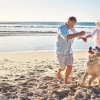 a couple on the beach laughing playing with a dog